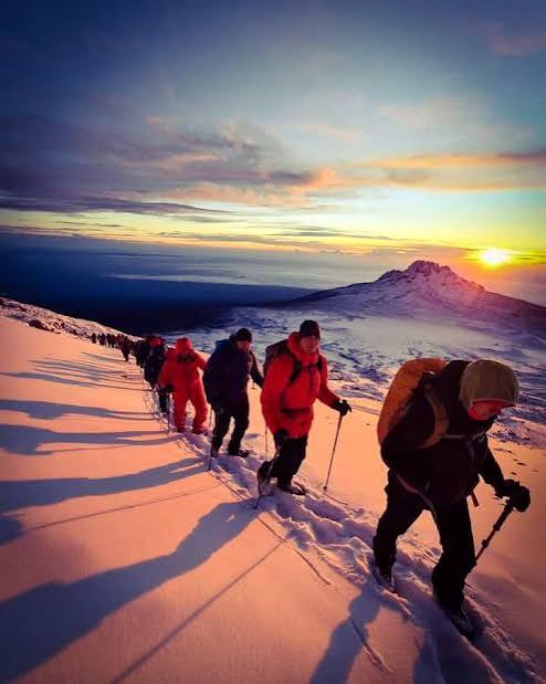 Trekkers crossing the vast lunar landscape of the Saddle heading toward Kibo Hut on Mount Kilimanjaro