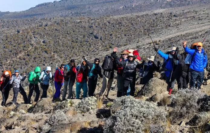 Day hikers exploring the lower slopes of Mount Kilimanjaro on a guided trekking tour
