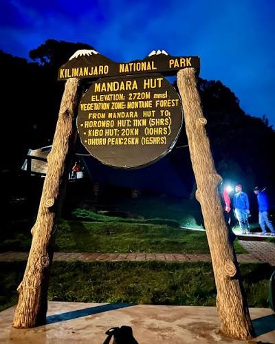 Trekkers hiking through the lush montane forest to Mandara Hut on the 5-Day Marangu Route luxury tour