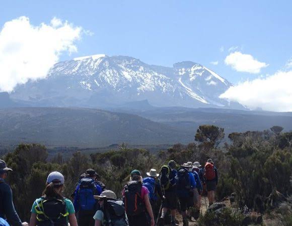 Trekkers on the classic Marangu Route trail up Mount Kilimanjaro